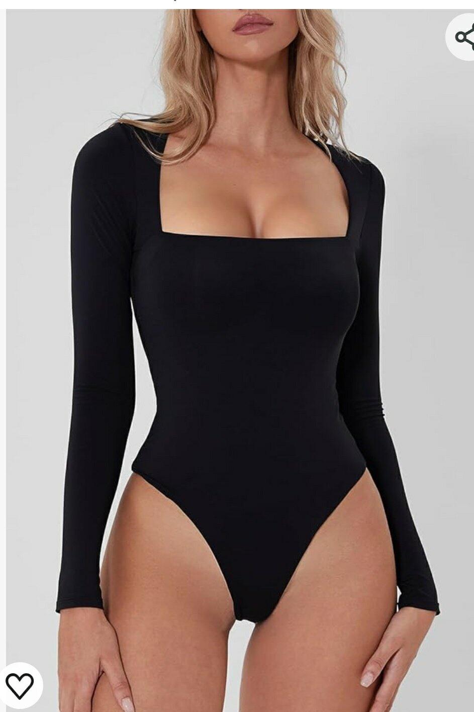 PUMIEY Women's Square Neck Long Sleeve Bodysuit Sexy Body Suit